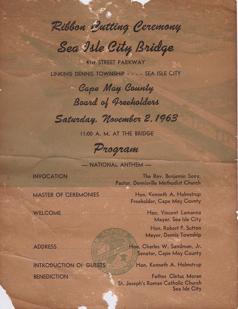 The now-frayed program is from the bridge's dedication ceremony on Nov. 2, 1963. (Courtesy of Bob Thibault of the Sea Isle City Historical Society and Museum)