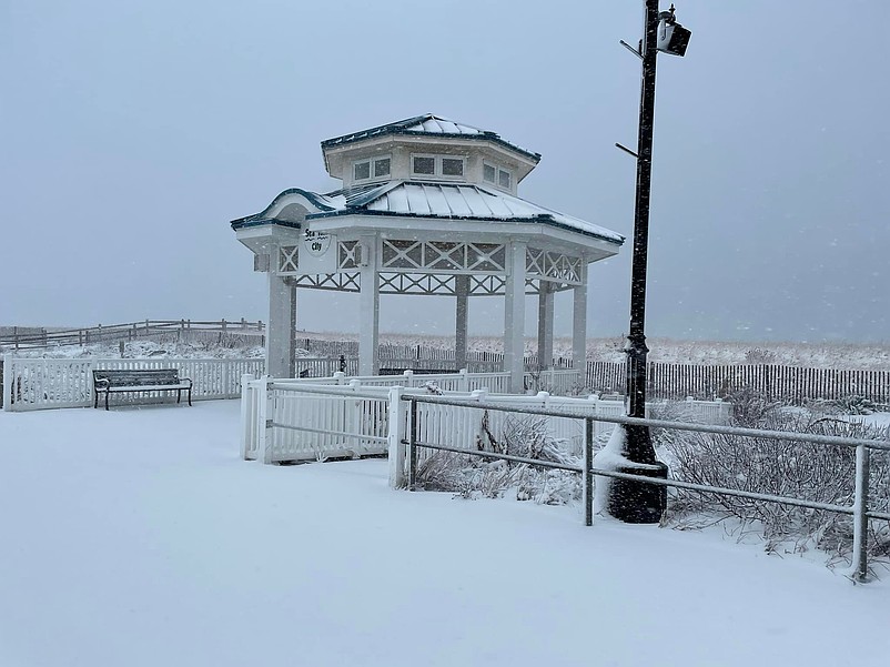 The gazebo overlooking Sea Isle City's oceanfront Promenade is covered with snow during a storm on Jan. 3, 2022. (Photo courtesy of Sea Isle City)