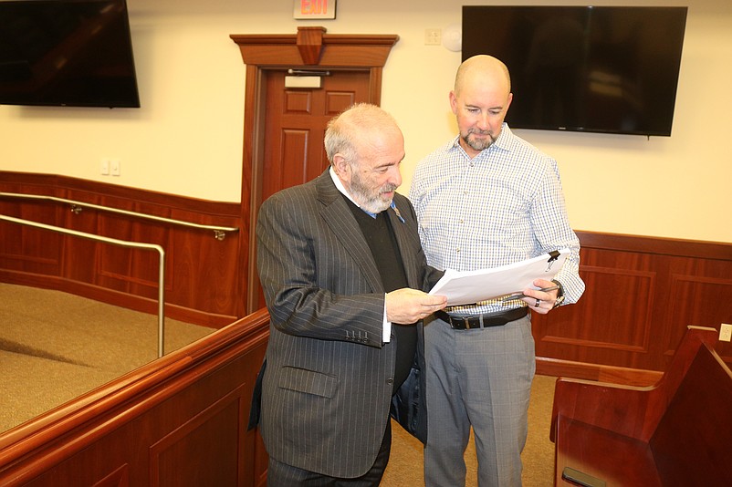 Mayor Leonard Desiderio, left, and interim Chief Financial Officer Frank Donato review the proposed municipal budget.