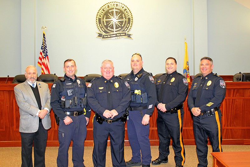 Capt. William Mammele, third from left, is joined at the swearing-in ceremony by his fellow officers and Mayor Leonard Desiderio. (Photo courtesy of Sea Isle City)