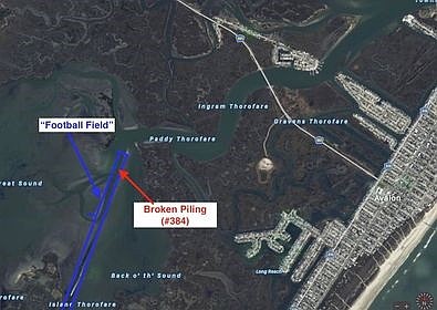 Map depicts the location of the sunken channel marker back in August, titled "broken piling," in the Intracoastal Waterway between Avalon and Stone Harbor.