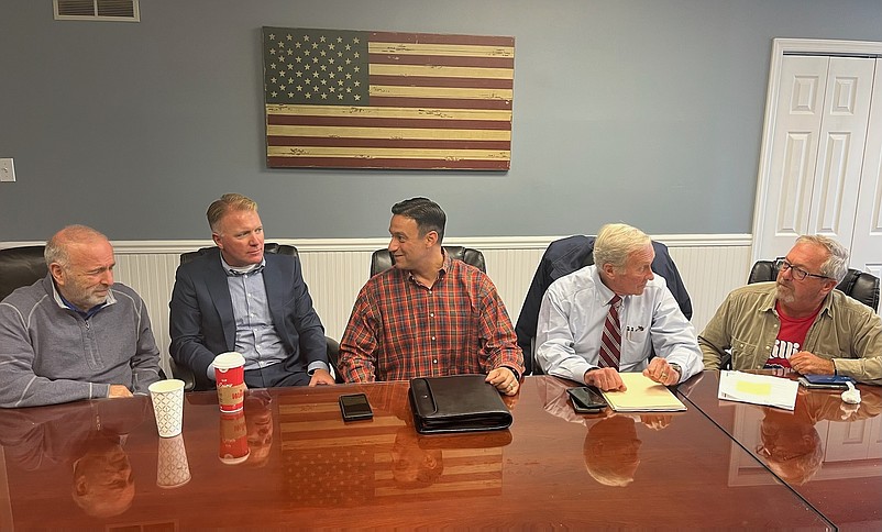 From left, Sea Isle Mayor Leonard Desiderio, North Wildwood Mayor Patrick Rosenello, state Sen. Michael Testa, Avalon Mayor Martin Pagliughi and Middle Township Mayor Tim Donohue discuss strategy to prevent disruptive behavior at the Cape May County shore communities. (Photo courtesy of Sea Isle Mayor Leonard Desiderio)