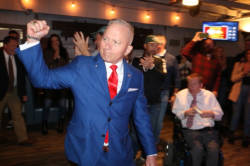 Republican Congressman Jeff Van Drew acknowledges his supporters while declaring victory.