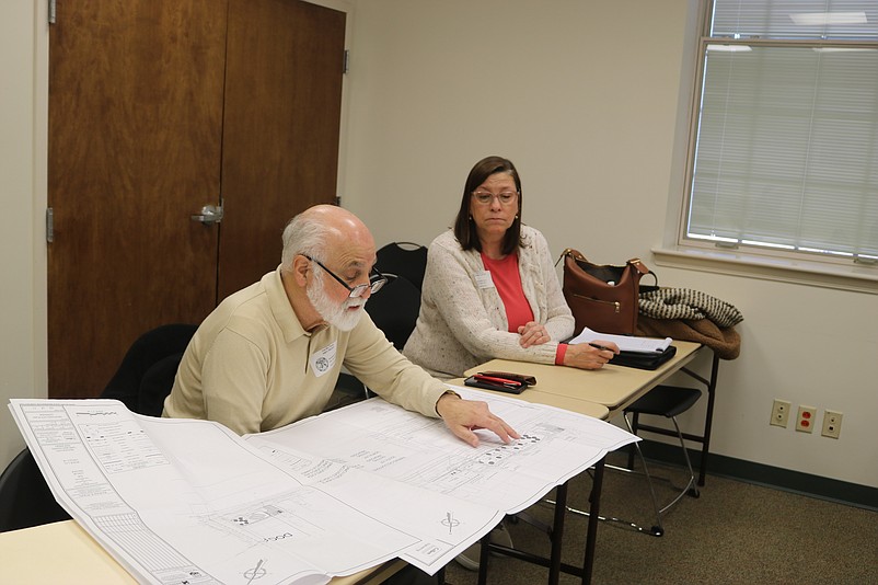 City Engineer Andrew Previti and Sea Isle Public Information Officer Katherine Custer review plans for the dog park during a Cape May County Open Space Review Board meeting.