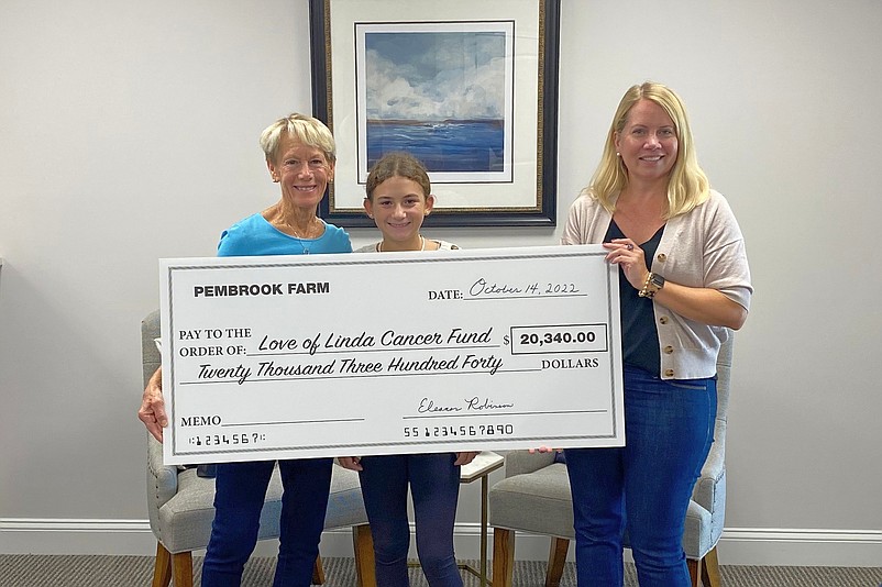 Regan Capone, 12, of Sea Isle City, is shown with Eleanor Robinson, of Pembrook Farm, at left, presenting a check for $20,340 to Amy Mahon, president of the Love of Linda Cancer Fund. (Photo courtesy of Capone family)