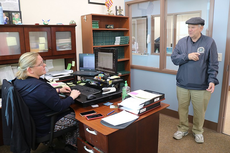 Councilman William Kehner Sr. speaks to City Clerk Shannon Romano just before the 4 p.m. deadline Monday for candidates to file their nominating petitions.