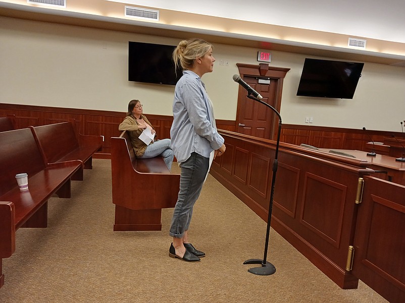 Sea Isle resident Lauren Oliver, the mother of two boys, urges City Council to add shaded areas at the JFK Boulevard playground.