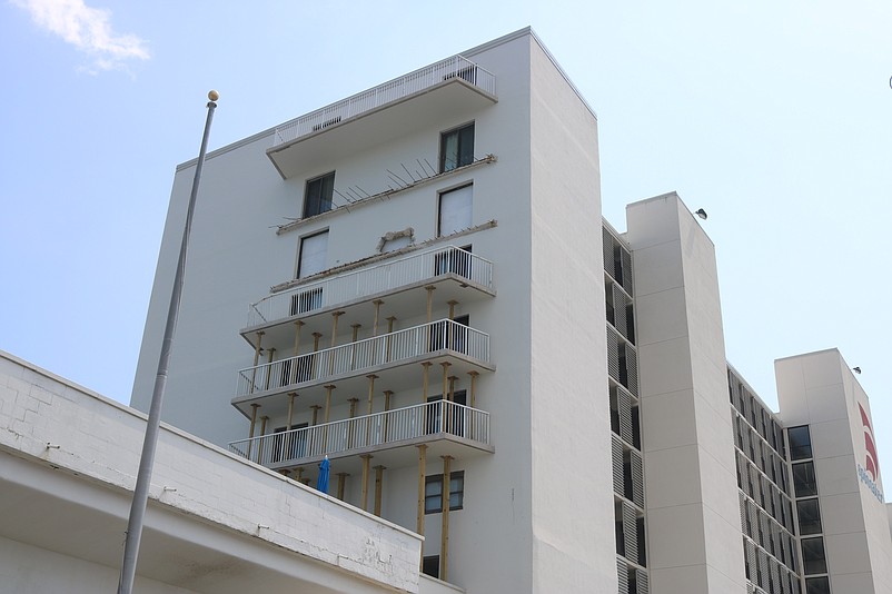 The balconies on the seventh and eighth floors of the South Tower of the Spinnaker condominiums have not yet been replaced.