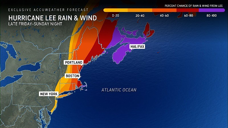 Hurricane Lee's projected impacts on the East Coast. (Courtesy of AccuWeather)