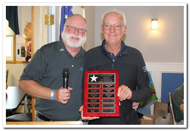 Former VFW Commander Mark Lloyd, right, receives the Jack Shimpf Unsung Hero Award for Outstanding League Contributions from league organizer Terry Moore. (Photos courtesy of Sea Isle City)