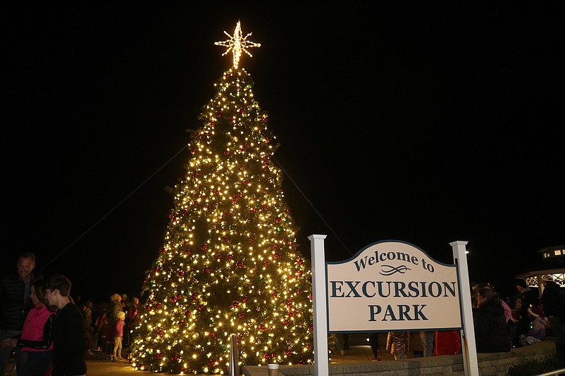 The lighted 30-foot Christmas tree overlooking Excursion Park is one of the centerpieces of the city's holiday decorations.