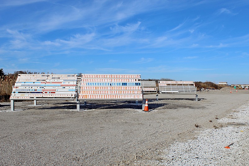 Racks of colorful paint chips are exposed to the elements to test the effects of salt air and harsh weather. (Photo courtesy of Sea Isle City)