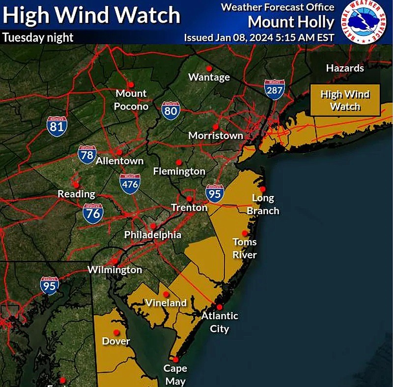 The National Weather Service is warning of high winds along the New Jersey coast. (Graphic courtesy of National Weather Service)