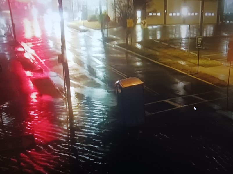 During the storm, a port-a-potty is swept by floodwaters into the middle of the intersection of 40th Street and Central Avenue. (Image taken from New Jersey Coastal Coalition webcam)