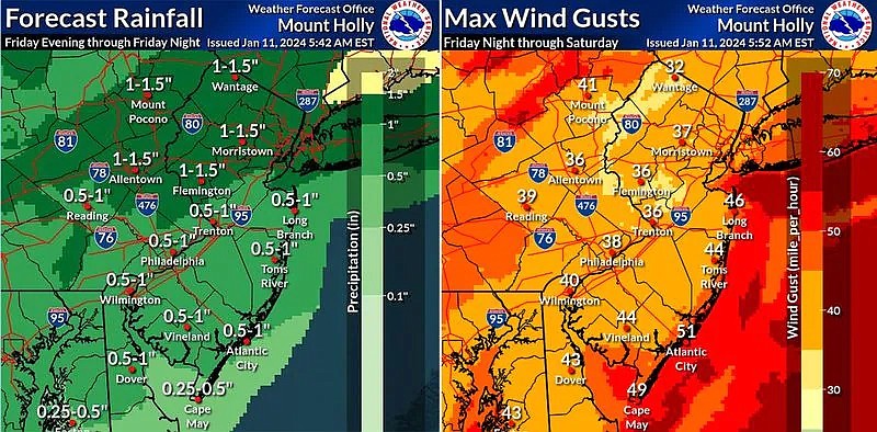 A National Weather Service graphic shows the wind gusts and amount of rain expected during the storm.