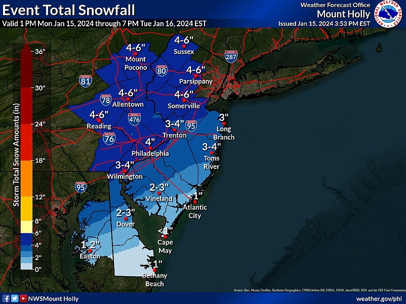 National Weather Service storm graphic shows snowfall totals expected around the state.