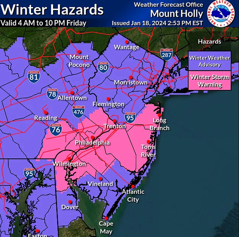 Areas shaded in pink are expected to get heavier snow during Friday's storm. Lighter snow and possibly icy road conditions are expected in areas shaded in purple. (Courtesy of National Weather Service).