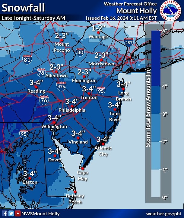 National Weather Service snowfall map for New Jersey