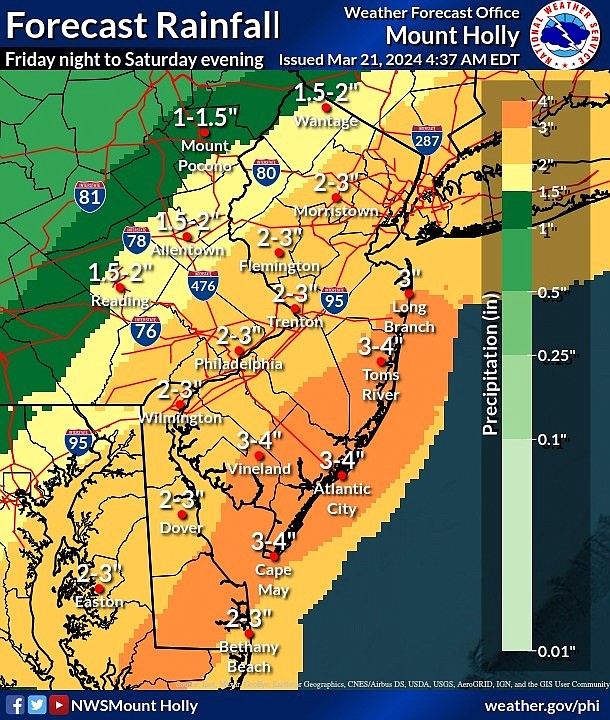 The National Weather Service is forecasting up to 3-4 inches of rain at the shore. (Graphic courtesy of National Weather Service)