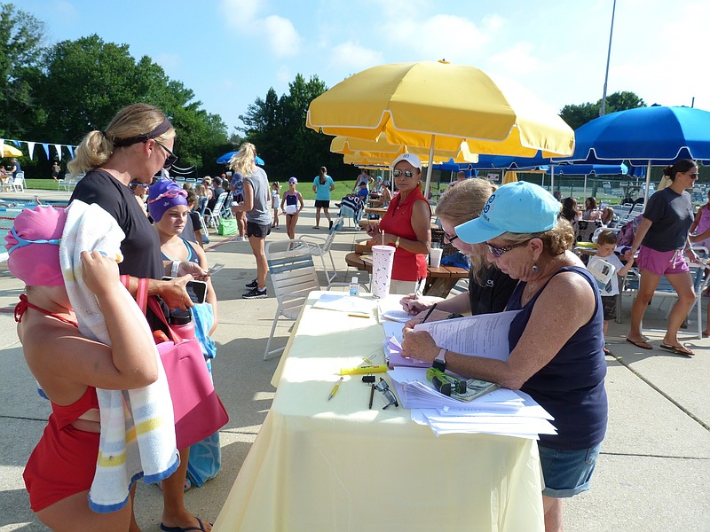 Swimmers Zoe and Callie Law register for the swim.