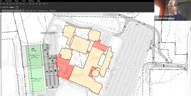 Architect David Schrader, inset, shows a revised site plan for new additions to North Penn High School, with the current school colored in off-white, potential new additions in red, and new athletic fields and parking where the district transportation center is located now, to the school board facilities and operations committee on Marc 25, 2024. (Screenshot of NPTV video)