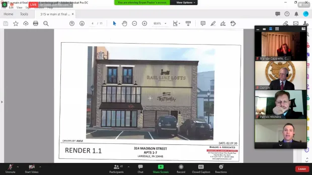 Lansdale's borough council sees a rendering of facade improvements for 315 W. Main Street, the former PEAK Center building, during council's Nov. 18 2020 meeting. Inset from top to bottom are court reporter Brenda Cappiello, council President Denton Burnell, borough solicitor Patrick Hitchens and attorney Joe Clement.