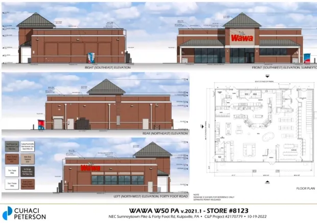 Site Renderings of new Wawa store proposed for the corner of Forty Foot Road and Sumneytown Pike, as presented to Towamencin's supervisors on Nov. 22, 2022. (Screenshot of meeting video)