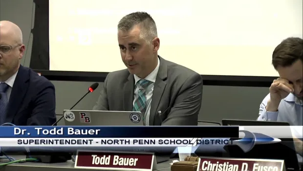 North Penn Superintendent Todd Bauer reads a prepared statement addressing an alleged attack at Pennbrook Middle School during the school board meeting on April 18, 2024. (Screenshot of NPTV video)