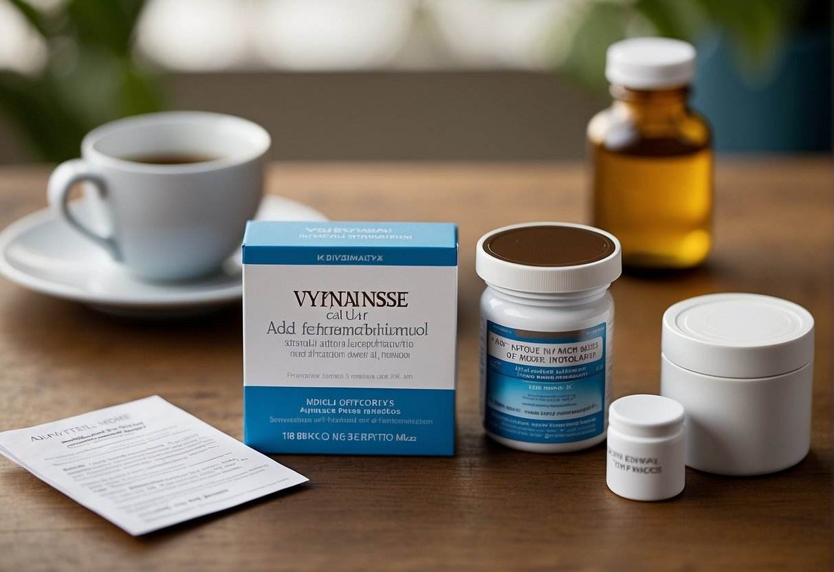 A variety of alternative treatments for ADHD and ADD, including Vyvanse, are displayed on a table with informational brochures and natural supplements