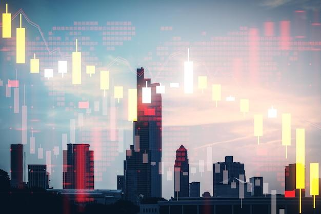 Cityscape with stock market chart overlay depicting a business concept on an evening sky background