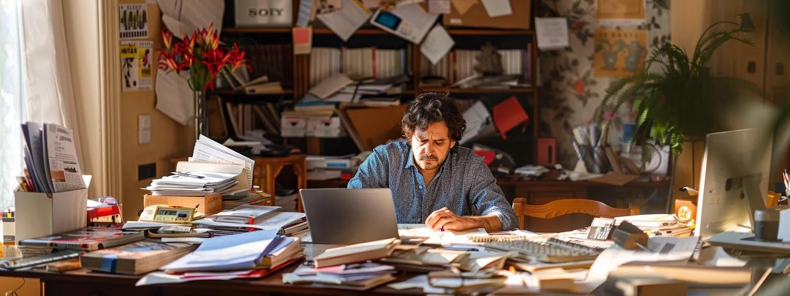 a homeowner sitting at a cluttered desk surrounded by financial documents, calculators, and a laptop, looking stressed and overwhelmed while considering when to refinance their mortgage.