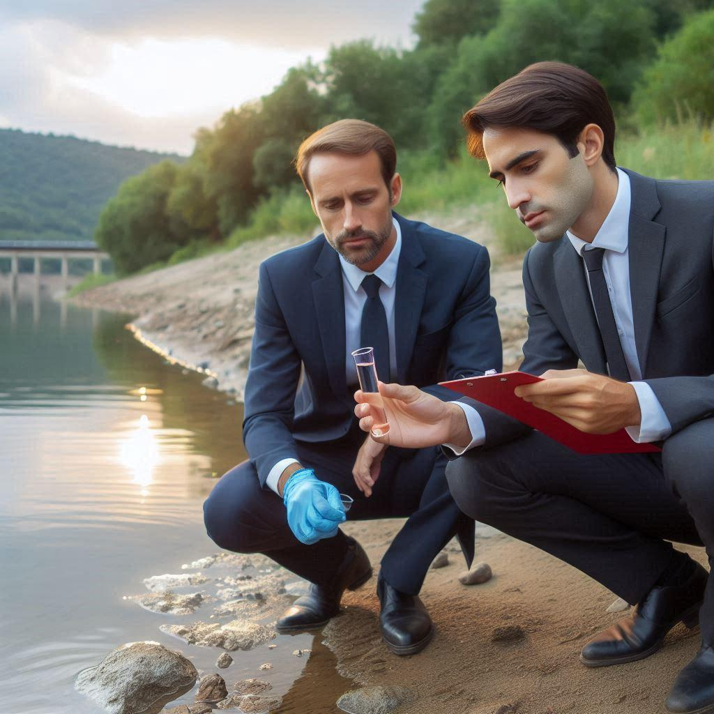 A lawyer and an expert on the bank of a reservoir, examining a water sample. 