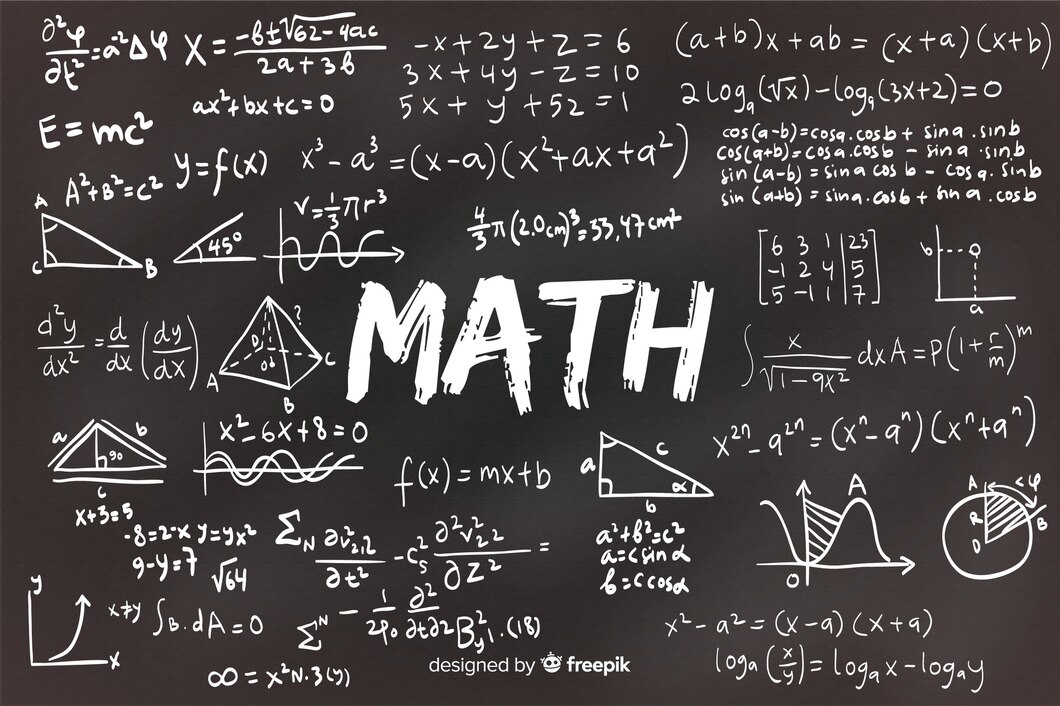 Math equations and diagrams on a blackboard.
