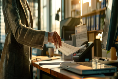 Businesswoman using fax programs and sending a fax