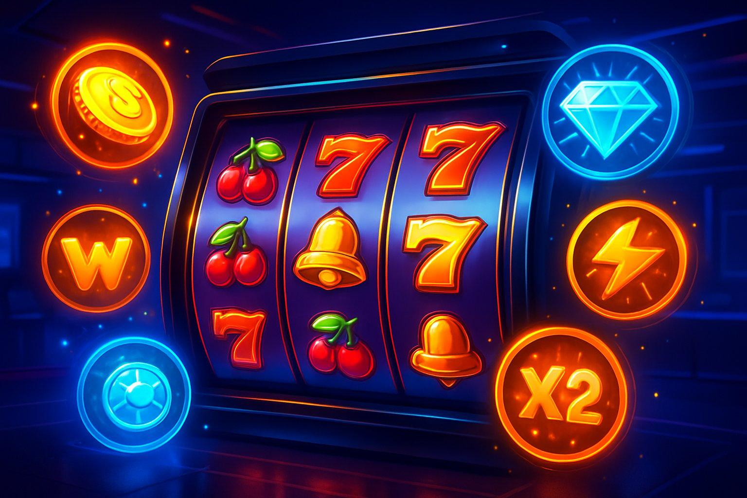 A colorful digital slot machine with spinning reels showing classic symbols and glowing icons representing bonuses and features in an online penny slot game.