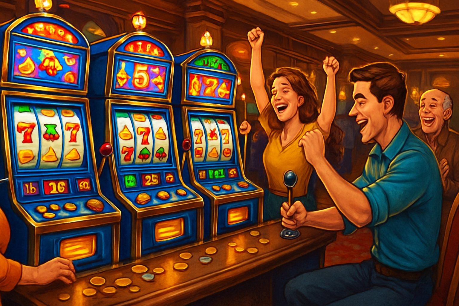 A casino scene showing colorful penny slot machines with players enjoying the games and bright lights illuminating the area.
