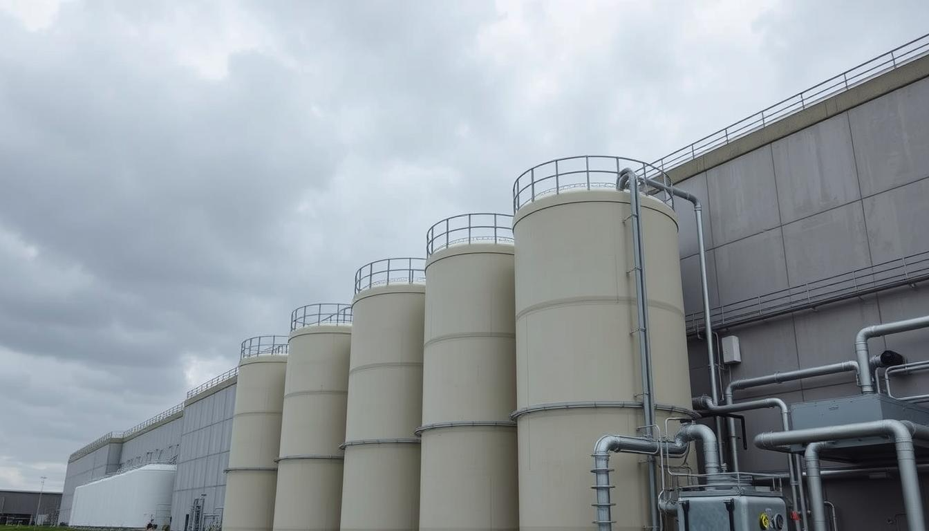A large industrial facility with multiple large storage tanks and processing equipment, set against a backdrop of a cloudy sky. The facility's exterior is made of concrete and metal, with pipes, valves, and other machinery visible. In the foreground, a series of tall, cylindrical tanks are connected by a network of pipes and tubes, suggesting the production of a specialized fuel. The overall scene conveys a sense of technological sophistication and environmental consciousness, reflecting the process of sustainable aviation fuel production.