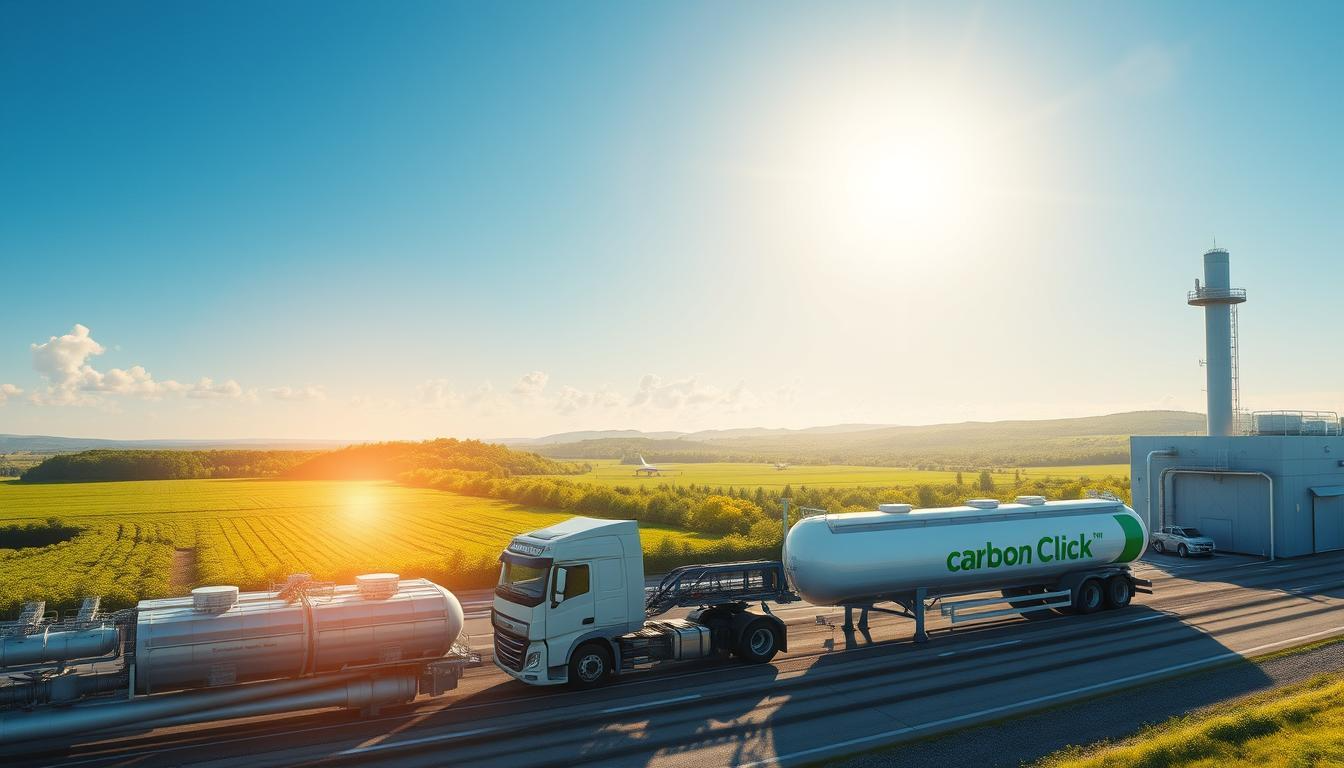 a highly detailed, photorealistic image of CarbonClick's Sustainable Aviation Fuel (SAF) technology, showcasing the innovative process and the sustainable, eco-friendly nature of the solution. The foreground depicts a large, state-of-the-art biofuel refinery facility, with sleek, modern architecture and intricate pipework. The middle ground features a fleet of fuel tanker trucks transporting the CarbonClick SAF to airports, set against a backdrop of lush, verdant landscapes and a clear, blue sky. Sunlight filters through the scene, casting warm, golden hues and creating a sense of environmental harmony. The overall composition conveys a vision of a sustainable, clean energy future, where CarbonClick's pioneering SAF technology plays a crucial role in reducing the aviation industry's carbon footprint.