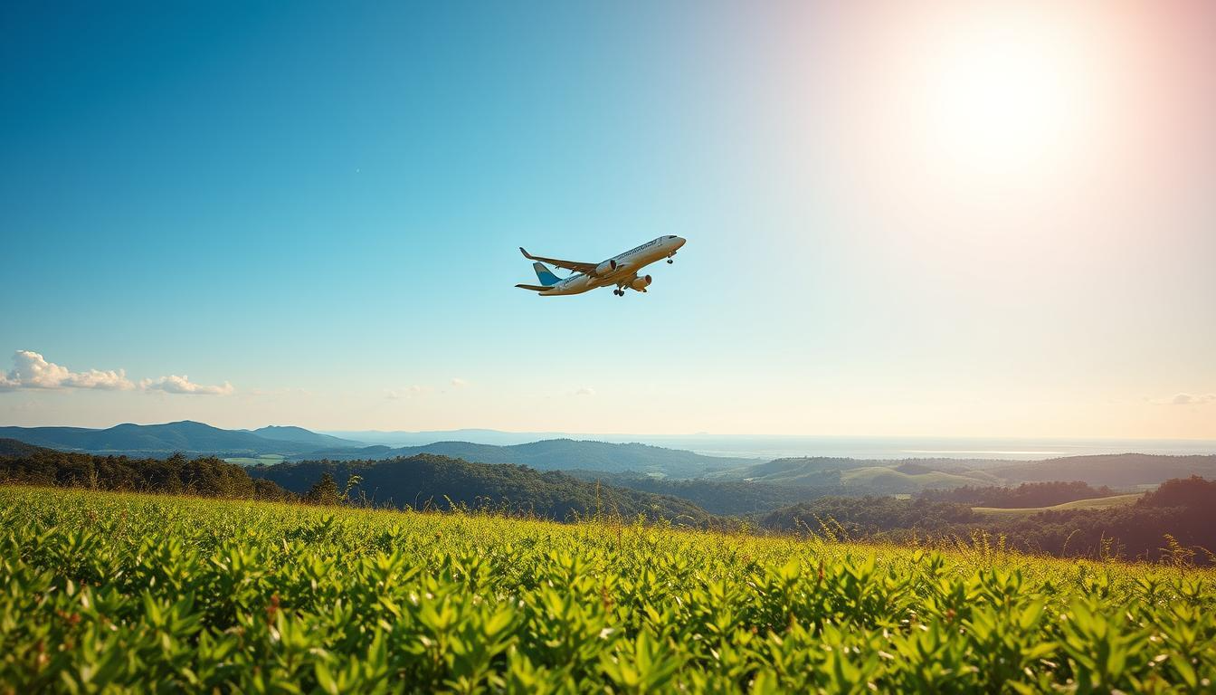 A vibrant landscape showcasing the environmental benefits of sustainable aviation fuel. In the foreground, a lush green meadow with flourishing vegetation and a pristine blue sky above. In the middle ground, a sleek and efficient aircraft takes flight, emitting minimal emissions. The background features rolling hills, dense forests, and a distant horizon, symbolizing the positive impact of SAF on the environment. The scene is bathed in warm, golden sunlight, radiating a sense of hope and progress towards a sustainable future for air travel.