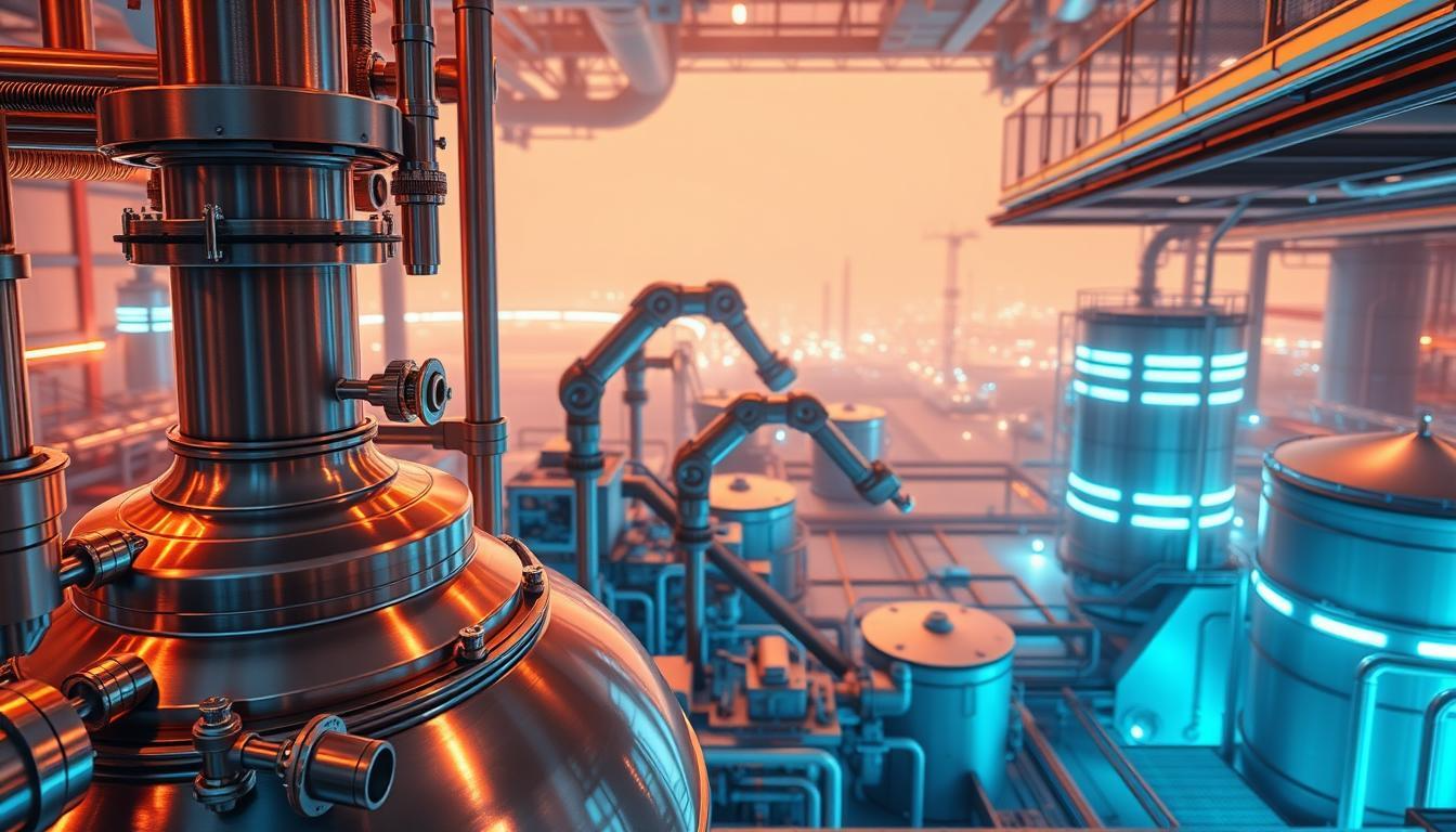 A futuristic, high-tech production facility for sustainable aviation fuel (SAF). In the foreground, a gleaming reactor vessel with intricate piping and valves, illuminated by warm, diffused lighting. The middle ground features robotic arms and automated systems, orchestrating the complex chemical processes. In the background, a panoramic view of the facility, with towering storage tanks and state-of-the-art monitoring equipment bathed in a soft, blue-tinted glow. The atmosphere conveys a sense of efficiency, innovation, and environmental responsibility, with the production of clean, renewable SAF at the heart of this futuristic industrial landscape.