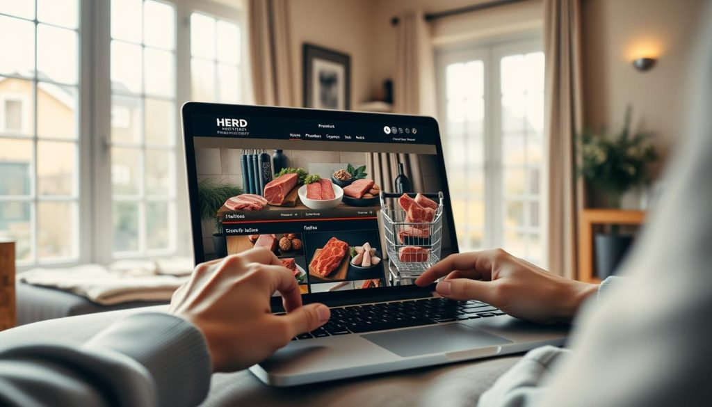 A cozy, well-lit home interior with a large, sleek laptop at the center of the frame. The laptop screen displays an immersive, high-definition online shopping interface, showcasing a variety of premium meat products from Herd Butchers Cavan. In the foreground, a pair of hands gently navigates the digital storefront, adding items to a virtual shopping cart. The background features warm, natural lighting filtering through large windows, creating a serene and inviting atmosphere. The overall scene conveys a sense of ease, comfort, and the convenience of the online shopping experience.