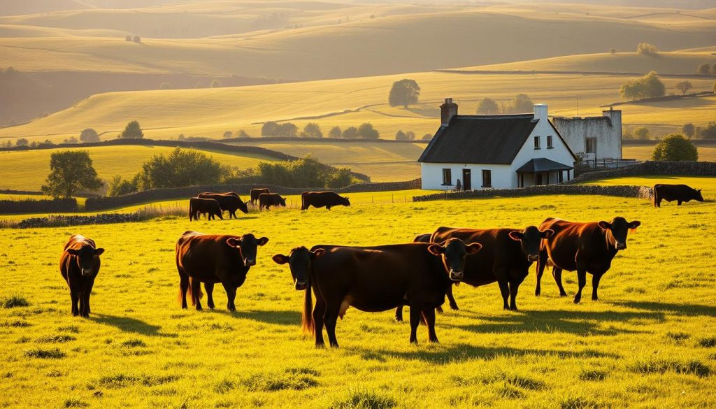 A lush, verdant Irish pasture bathed in warm, golden sunlight. In the foreground, a herd of locally-sourced Angus cattle graze peacefully, their sleek, well-muscled frames a testament to the rich, nutrient-dense grasses they've been nourished on. In the middle ground, a weathered, time-honored farmhouse stands proud, its whitewashed walls and thatched roof evoking a sense of traditional Irish countryside. Beyond, rolling hills dotted with clusters of emerald trees stretch out to the horizon, creating a serene, picturesque backdrop. The overall scene conveys a sense of pastoral tranquility, quality, and the connection between the land, the animals, and the premium meat products that are brought from this farm to the table.