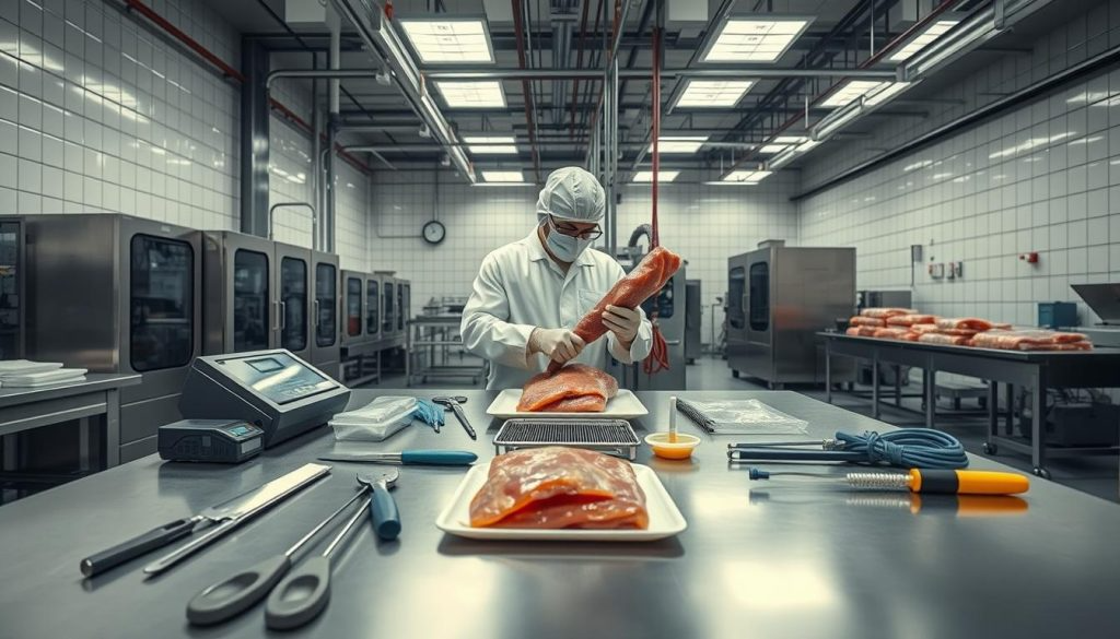 A professional and modern quality assurance concept. In the foreground, an array of quality control tools and equipment laid out neatly on a clean, stainless steel workbench under bright, even lighting. The middle ground features a factory worker in a white coat and protective gear meticulously inspecting a freshly packaged meat product. In the background, a panoramic view of a state-of-the-art meat processing facility, with gleaming machinery, pristine tiled walls, and an atmosphere of precision and efficiency. The overall mood conveys a sense of rigorous standards, food safety, and a commitment to excellence in every step of the production process.