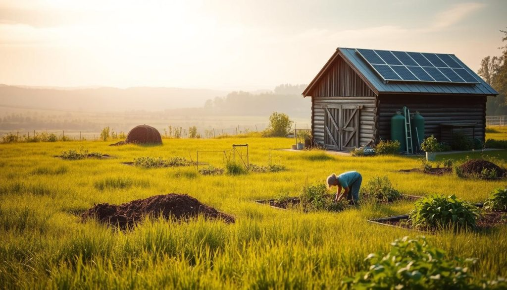 A lush, verdant meadow stretches out, dotted with organic vegetable patches and thriving herb gardens. In the middle ground, a small, rustic wooden barn stands, its roof adorned with solar panels harnessing the sun's energy. Nearby, a compost heap teems with nutrient-rich soil, while a rainwater harvesting system collects precious resources. In the foreground, a farmer carefully tends to the land, using sustainable, eco-friendly tools. Diffused natural light filters through the scene, casting a warm, inviting glow. The overall atmosphere conveys a sense of harmony, balance, and a deep connection to the Earth.
