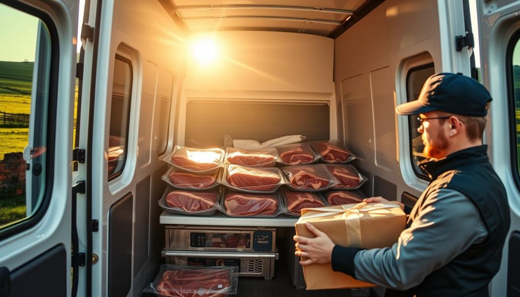 A temperature-controlled delivery van transporting fresh Irish meats, set against the backdrop of a scenic Irish countryside. The van's interior is visible through its transparent side panels, showcasing the advanced refrigeration system maintaining the optimal temperature. Sunlight filters through the windows, casting a warm, natural glow on the carefully packaged cuts of meat. In the foreground, a delivery person in a crisp uniform carefully loads the van, ensuring the utmost care and attention to detail. The overall scene conveys a sense of reliability, quality, and the pride of delivering the finest Irish produce straight to customers' doorsteps.