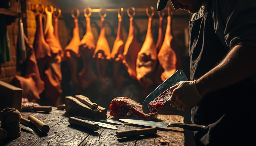 A dimly lit butchery workshop, the air thick with the scent of freshly cut meat. In the foreground, a skilled butcher meticulously wields a razor-sharp cleaver, expertly navigating the intricate anatomy of a primal cut. Shadows dance across the weathered wooden surfaces, highlighting the aged tools of the trade - a well-worn butcher's block, a collection of gleaming knives, and the muscular hands that command them. In the middle ground, a display of hanging carcasses, each a testament to the butcher's artistry and the centuries-old techniques passed down through generations. The background is shrouded in a warm, amber glow, creating an atmosphere of reverence and timeless craftsmanship. This is the essence of the butchery process, where skill and tradition converge to deliver the finest cuts of meat.