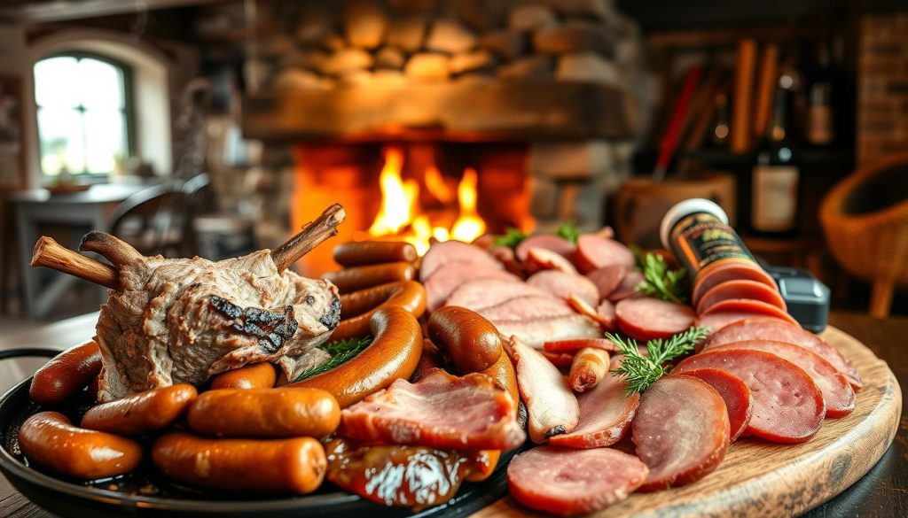 A platter of traditional Irish meat specialities, showcased in a rustic, well-lit setting. In the foreground, juicy cuts of tender lamb, hearty sausages, and thick-sliced bacon sizzle on a cast-iron griddle, their aroma filling the air. The middle ground features a selection of smoked and cured meats, including Irish-style corned beef and Irish whiskey-infused salami, artfully arranged on a wooden board. In the background, a stone fireplace casts a warm, golden glow, while weathered oak beams and exposed brick walls evoke the character of an authentic Irish butcher's shop. The overall scene exudes a cozy, inviting atmosphere, capturing the essence of Ireland's rich culinary heritage.