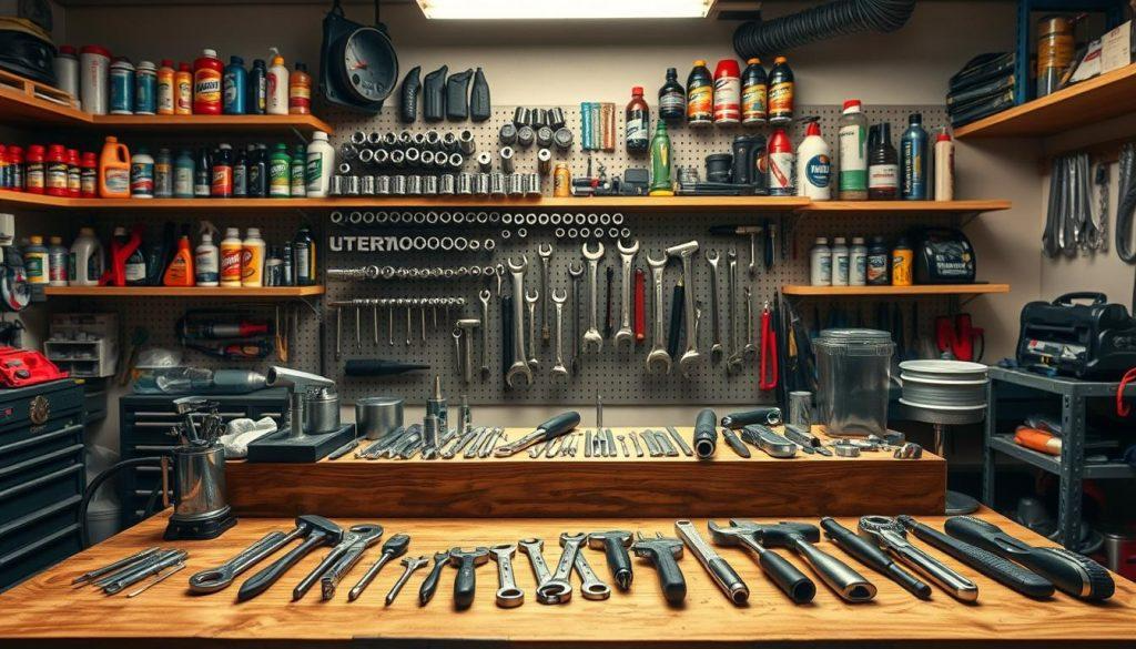 A well-lit workshop interior, with a sturdy wooden workbench in the foreground. An assortment of metallic tools arranged neatly on the bench, including pliers, wrenches, hammers, and screwdrivers. In the middle ground, a pegboard displays an organized collection of sockets, ratchets, and other specialized automotive tools. The background features shelves stocked with various lubricants, cleaners, and other garage supplies. The overall scene conveys a sense of professionalism and efficiency, with a warm, inviting lighting that creates a cozy, productive atmosphere.