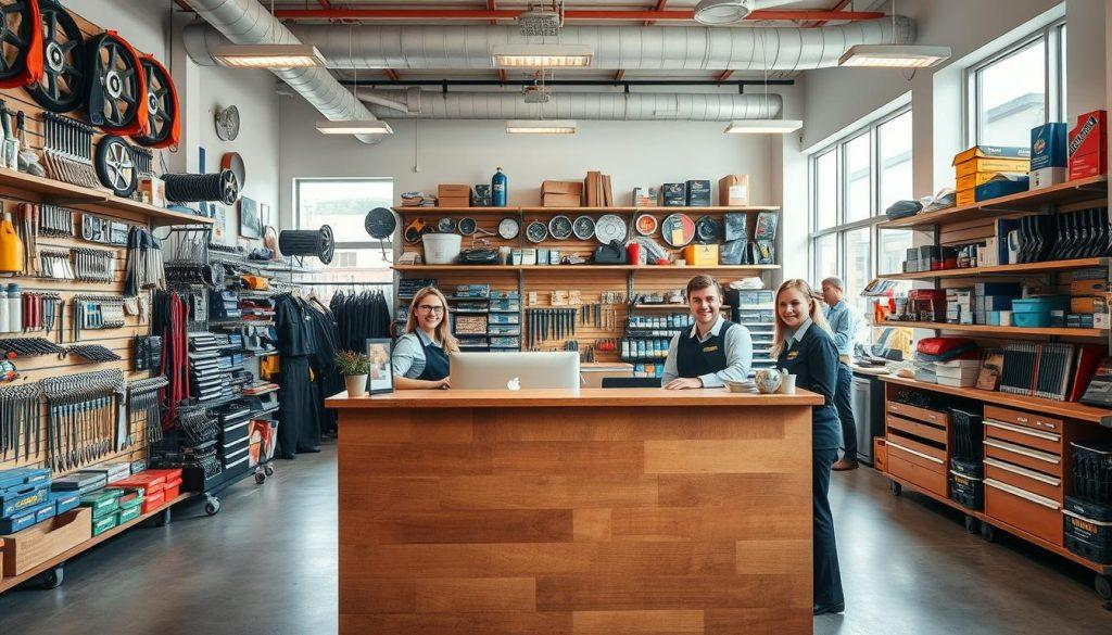 A warm, inviting customer service counter in a well-stocked workshop supply store. Friendly staff in crisp uniforms greet customers at the polished wooden desk, surrounded by neatly organized shelves of tools, automotive parts, and other essential workshop supplies. Soft lighting from overhead fixtures casts a welcoming glow, while large windows allow natural daylight to filter in, creating a bright, airy atmosphere. The scene conveys a sense of professionalism, efficiency, and a genuine commitment to providing exceptional customer support.