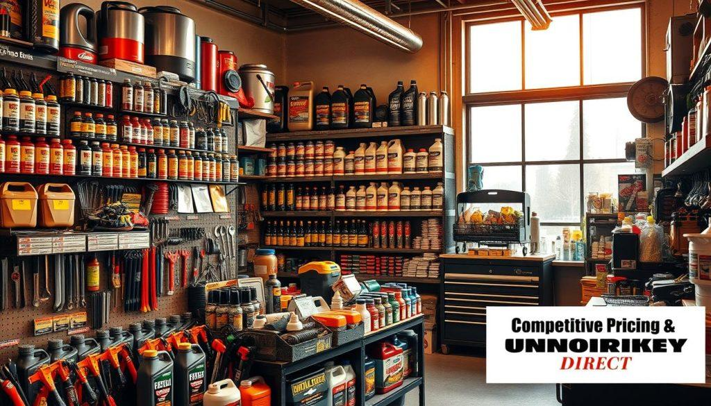 A bustling workshop stocked with an array of competitively priced supplies, bathed in warm, golden lighting. In the foreground, a display of neatly organized tools, lubricants, and automotive accessories, each item with a clearly marked price tag. The middle ground showcases shelves brimming with various workshop necessities, their prices visibly displayed. In the background, a large window allows natural light to stream in, creating a bright and inviting atmosphere. The overall scene conveys a sense of professionalism, reliability, and exceptional value, reflecting the 'Competitive Pricing and Unbeatable Deals' ethos of Grease Monkey Direct.